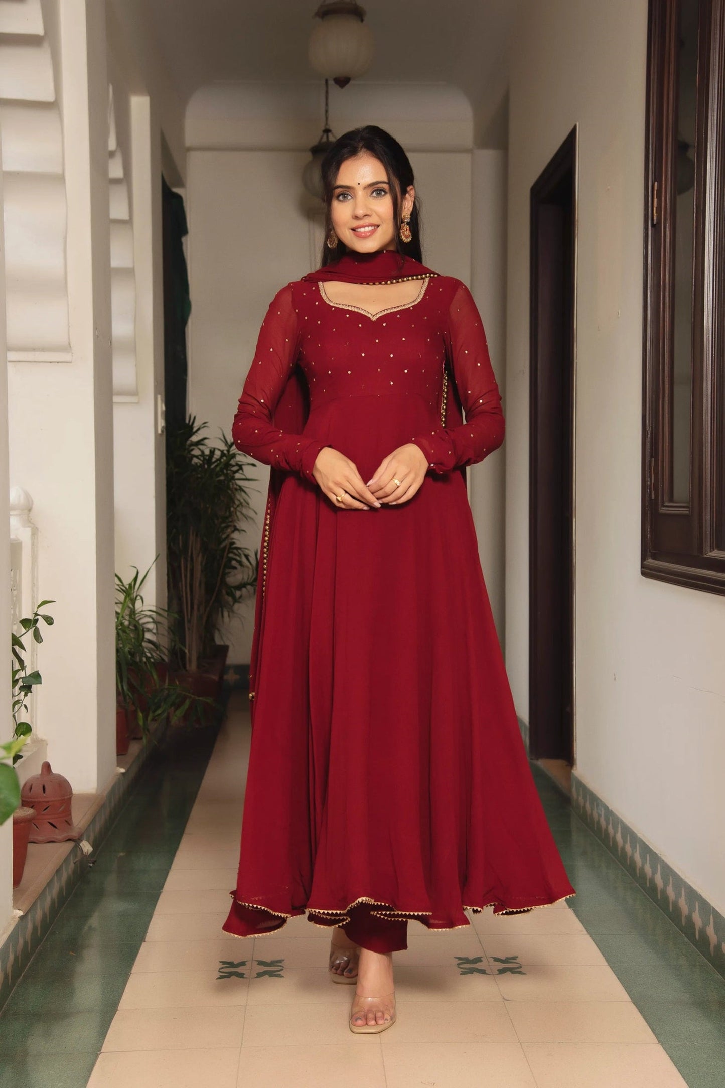 Maroon Fox Georgette Anarkali Suit Set with Pearl Border Dupatta