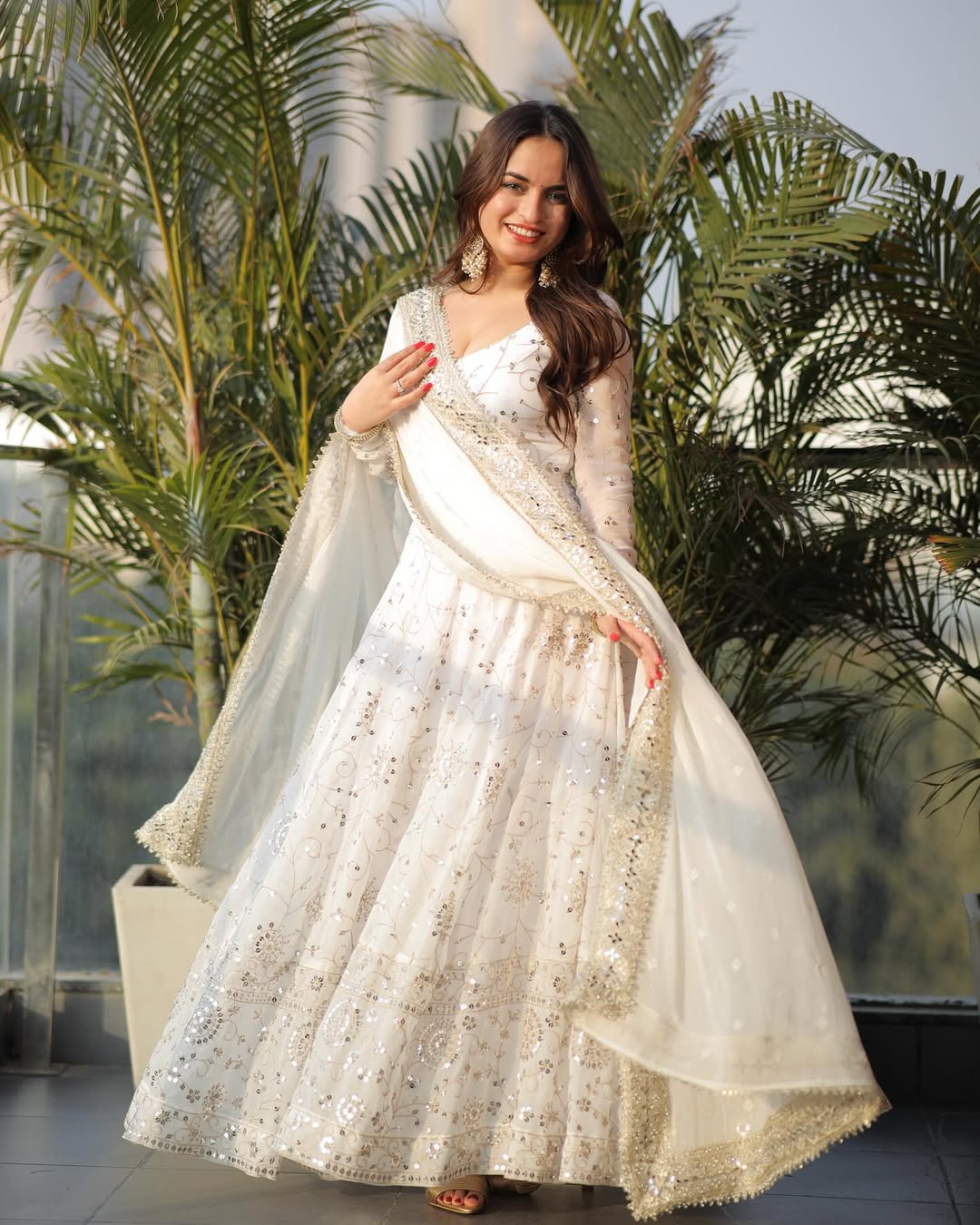 Premium Ivory Anarkali Gown Set with Pant & Dupatta | Heavy Faux Georgette Embroidery & Sequin Work | Diwali , Wedding, Sangeet, Farewell & Party Wear