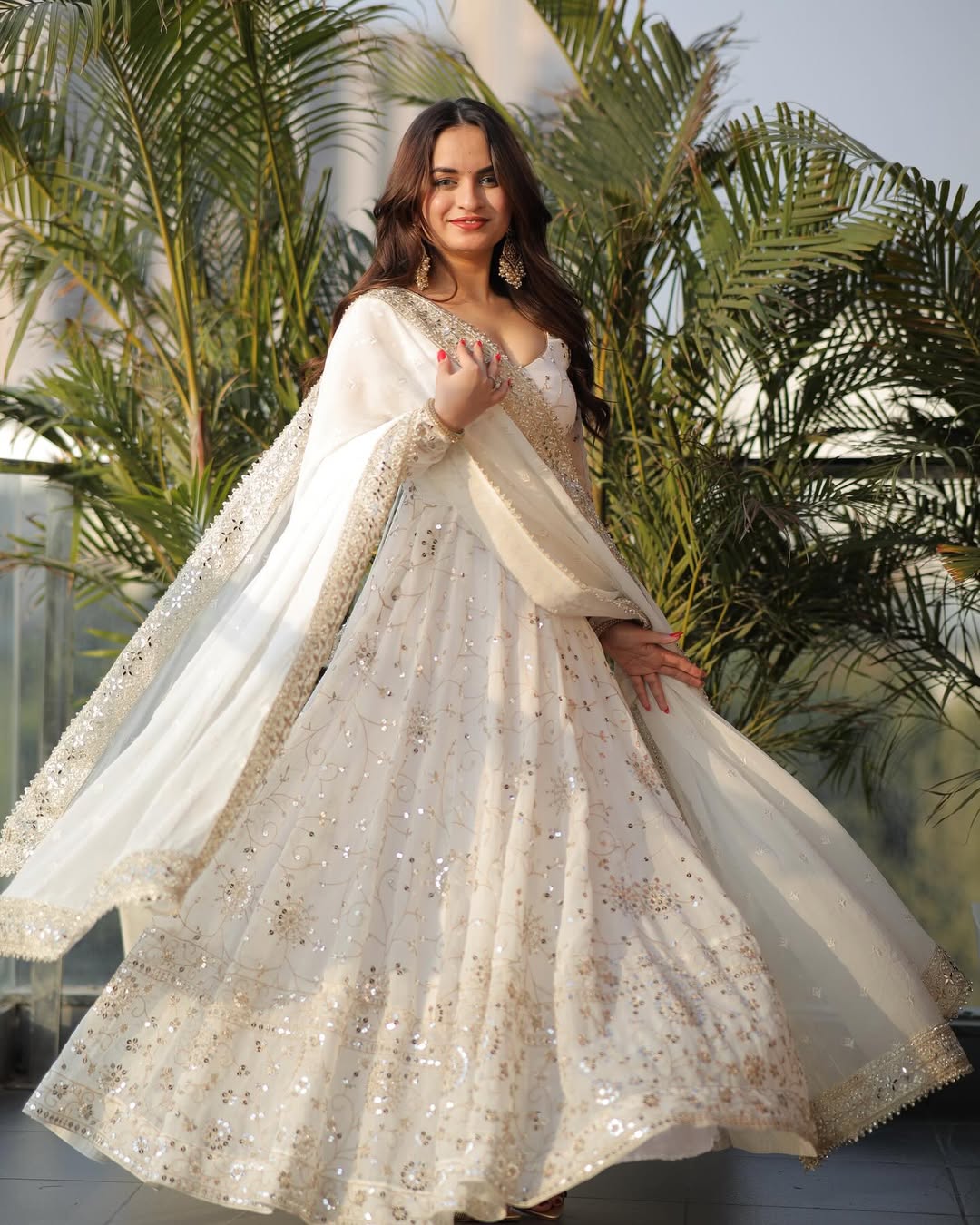 Premium Ivory Anarkali Gown Set with Pant & Dupatta | Heavy Faux Georgette Embroidery & Sequin Work | Diwali , Wedding, Sangeet, Farewell & Party Wear