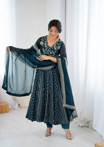 Traditional Navy Blue Embroidered Anarkali Suit with Dupatta