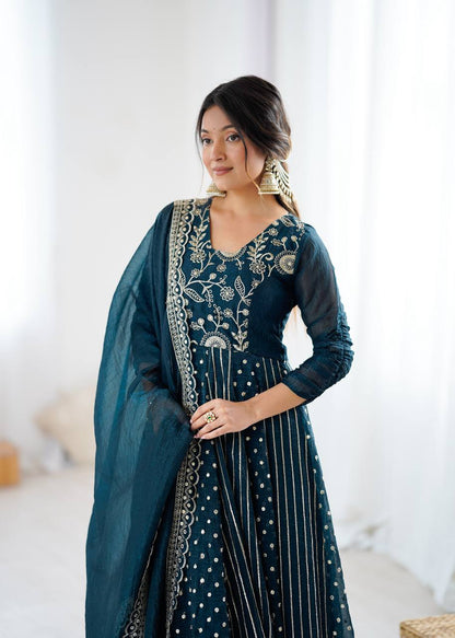 Traditional Navy Blue Embroidered Anarkali Suit with Dupatta