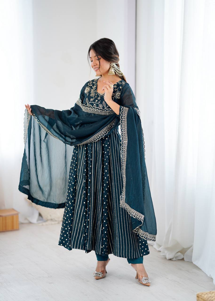 Traditional Navy Blue Embroidered Anarkali Suit with Dupatta