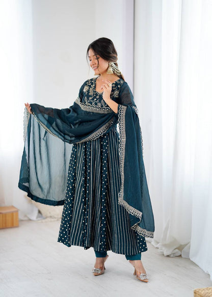 Traditional Navy Blue Embroidered Anarkali Suit with Dupatta