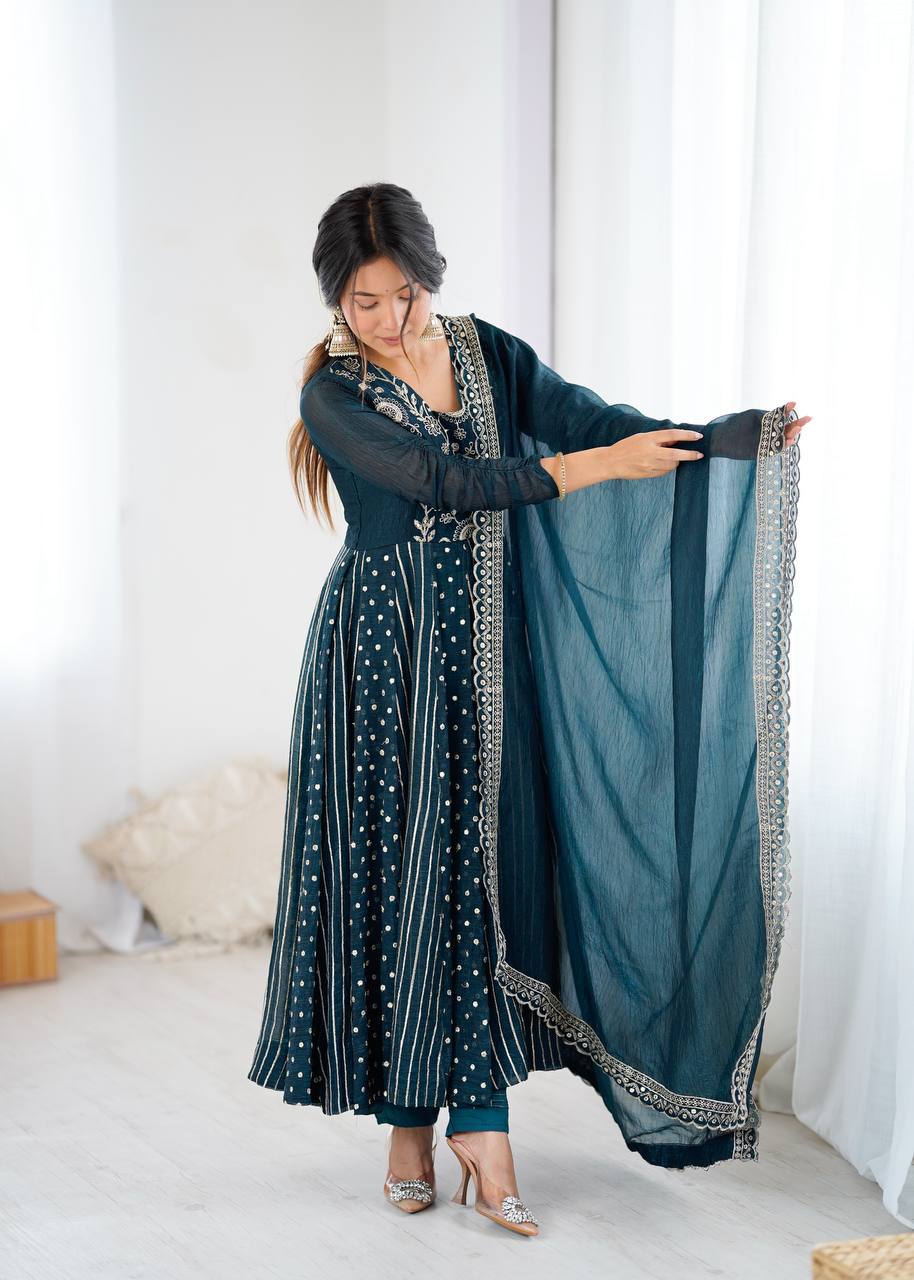Traditional Navy Blue Embroidered Anarkali Suit with Dupatta