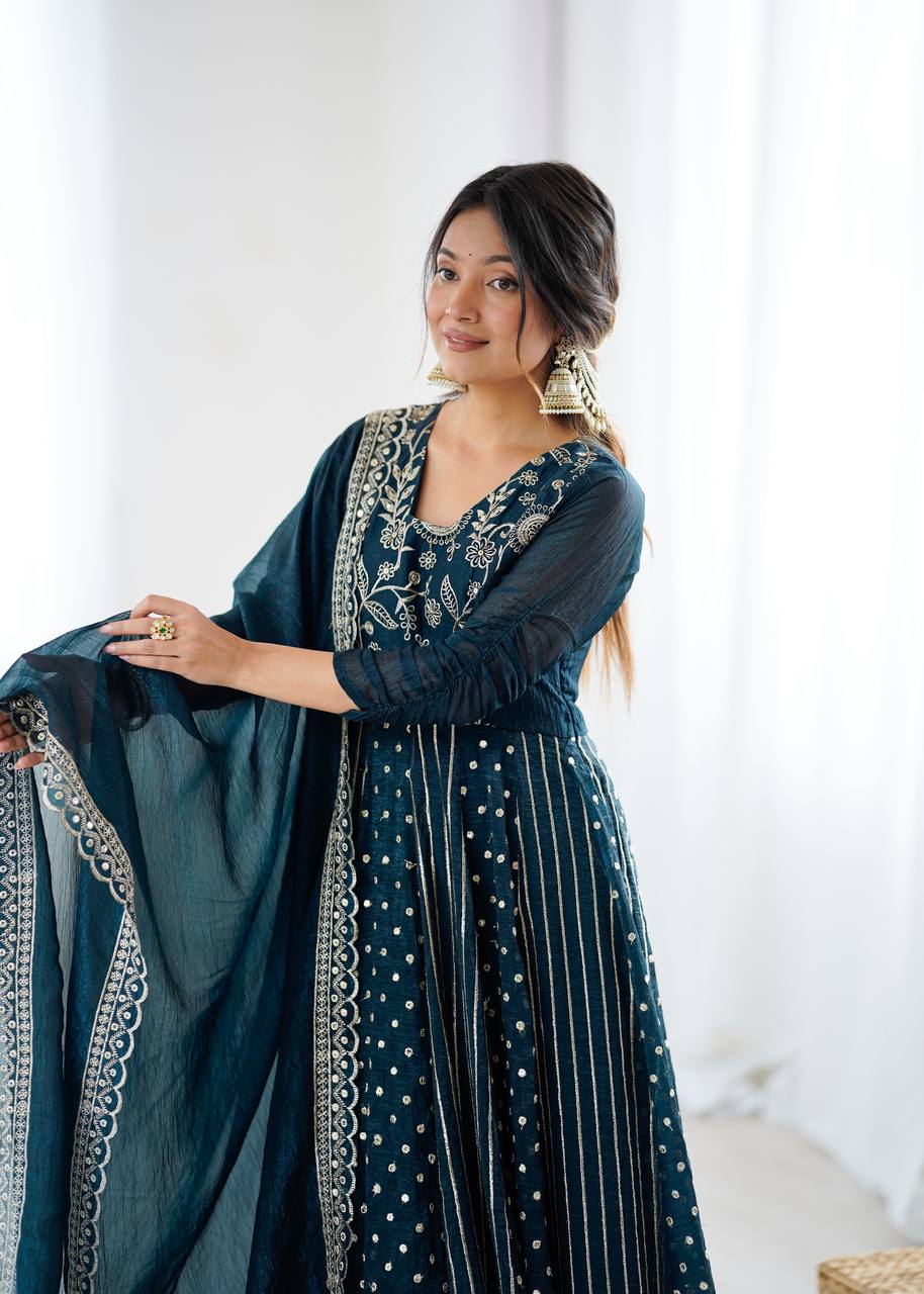 Traditional Navy Blue Embroidered Anarkali Suit with Dupatta