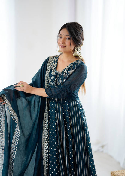 Traditional Navy Blue Embroidered Anarkali Suit with Dupatta