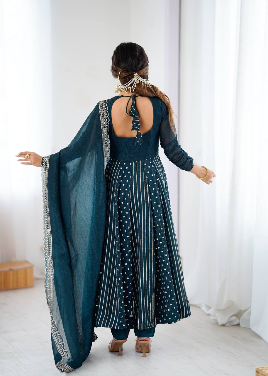 Traditional Navy Blue Embroidered Anarkali Suit with Dupatta