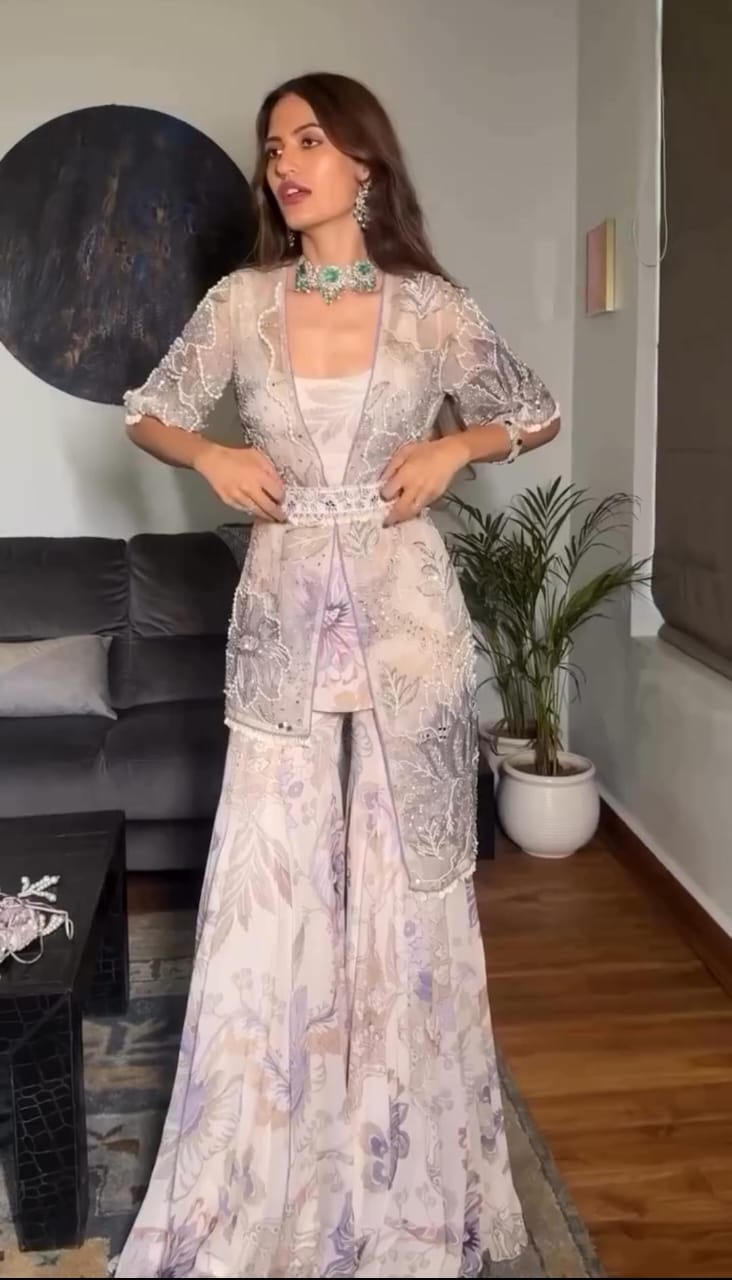 Cream Floral Georgette Sharara Set with Embroidered Jacket & Belt | Digital Print Festive Wear