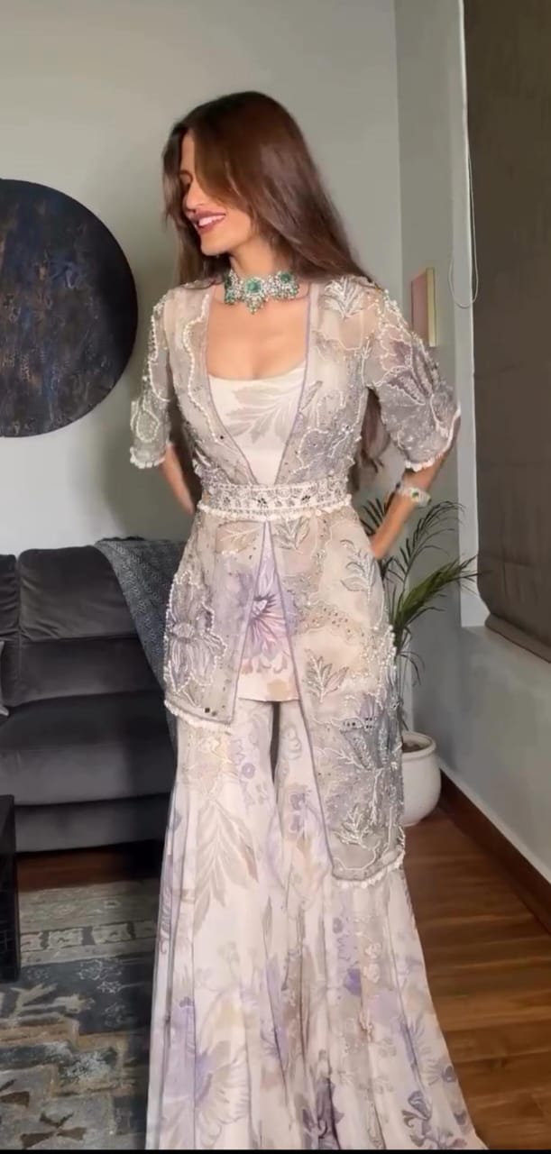 Designer Jacket Style Sharara Set for Women | Floral Georgette Festive Wear