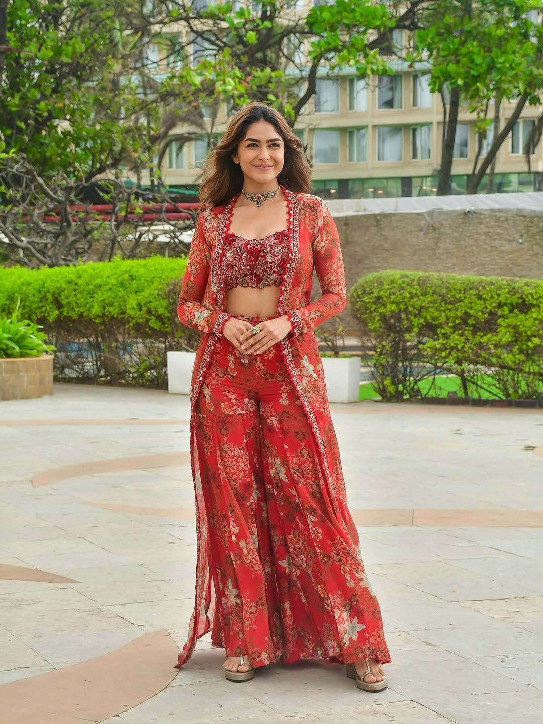Red Floral Georgette Sharara Suit Set with Embroidered Koti & Sequin Blouse | Festive Party Wear