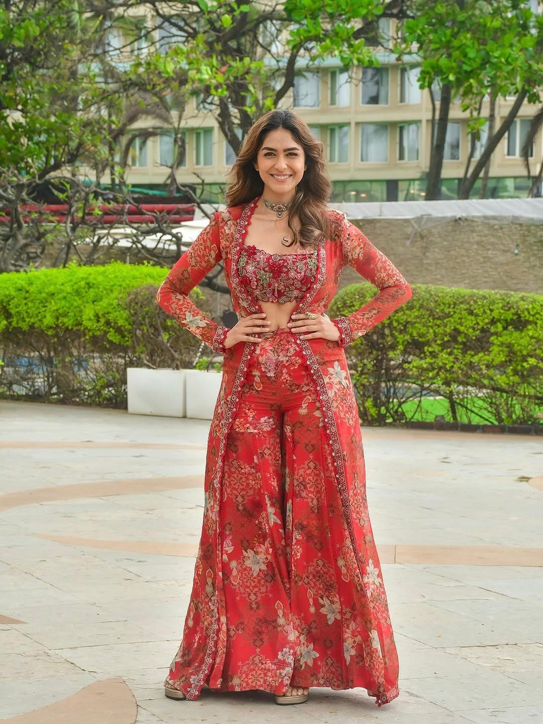 Red Floral Georgette Sharara Suit Set with Embroidered Koti & Sequin Blouse | Festive Party Wear