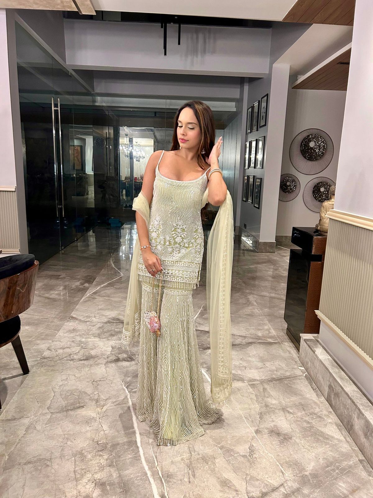 Party & Wedding Wear Pista Ivory Georgette Palazzo Suit Set with Real Mirror & Sequin Work