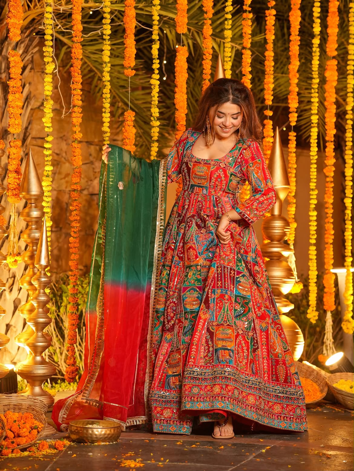 Multicolor Designer Gown Set for Women | Pure Crepe Embroidered Ethnic Wear with Pant & Dupatta | Wedding & Festival Collection