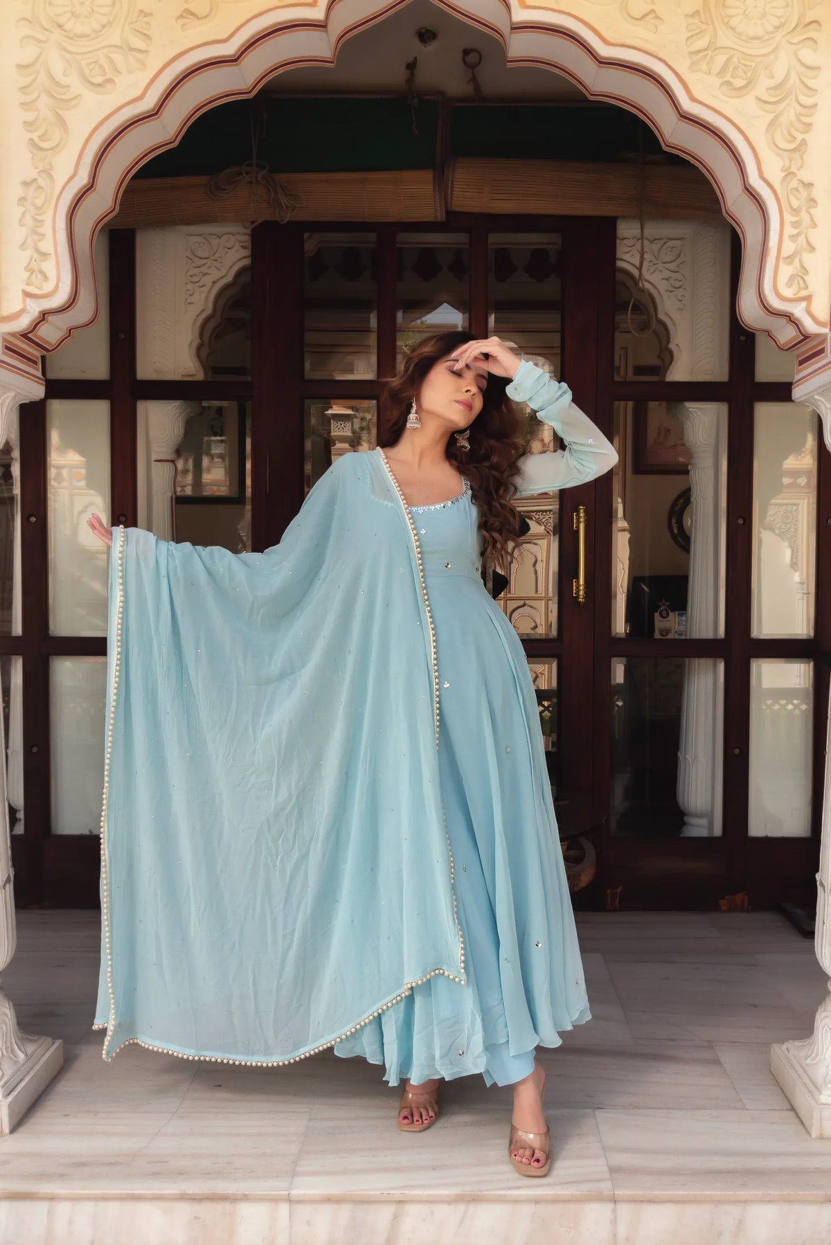 Sky Blue Premium Georgette Flared Anarkali Suit Set with Dupatta for Women | Party Wear & Wedding Ethnic Dress