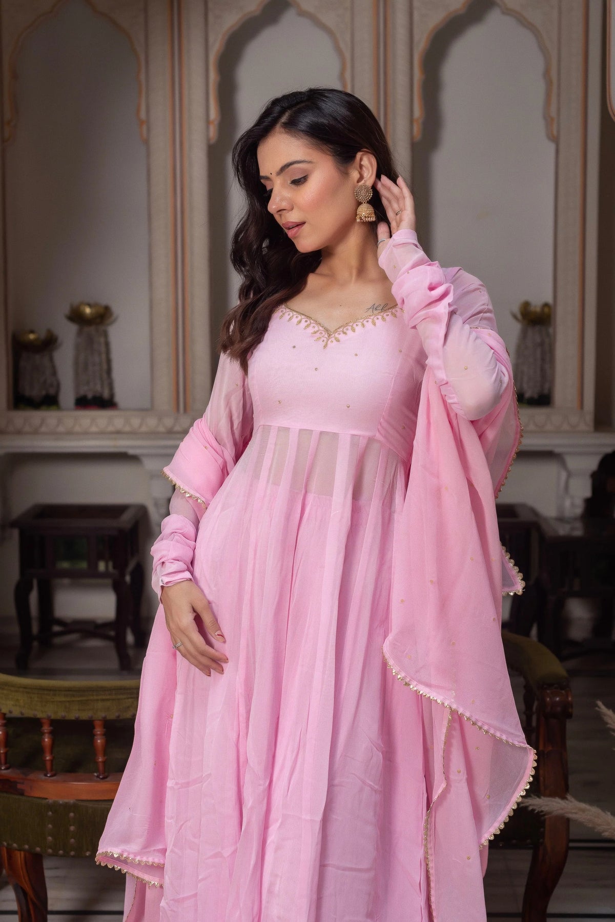 Premium Baby Pink Georgette Anarkali Gown Set with Dupatta | Ethnic Party Wear