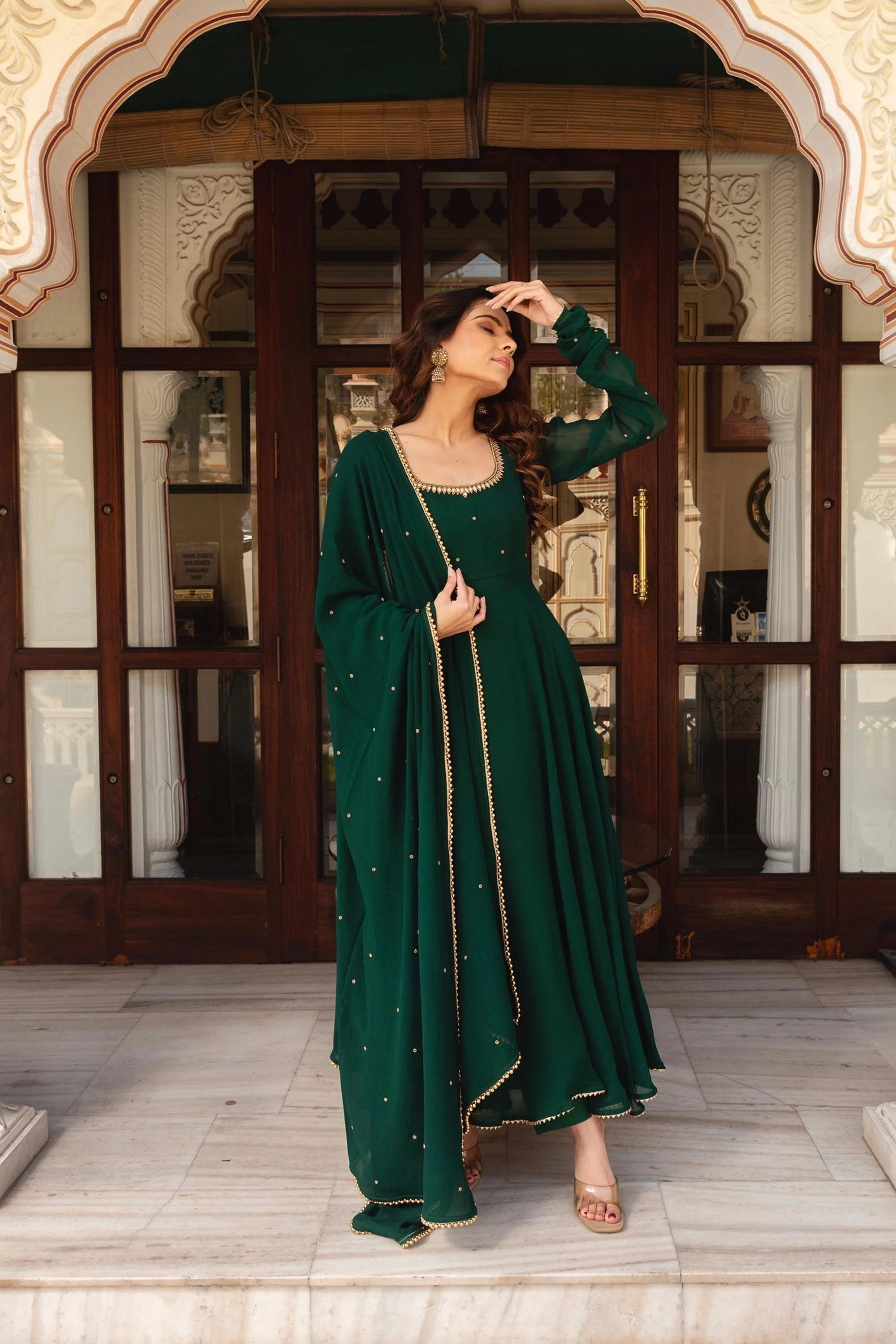 Emerald Green Heavy Fox Georgette Anarkali Suit Set with Pearl Border Dupatta for Women | Wedding & Party Wear
