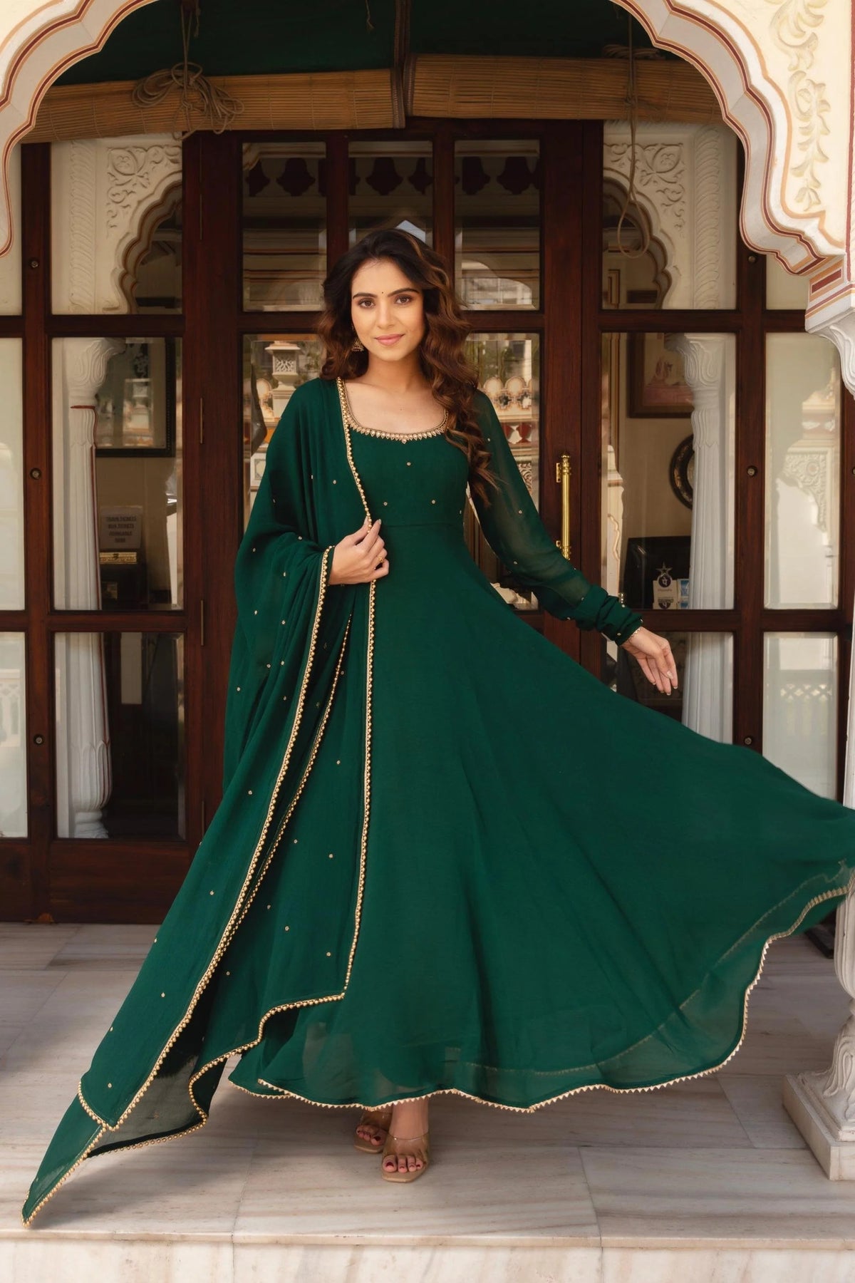 Emerald Green Heavy Fox Georgette Anarkali Suit Set with Pearl Border Dupatta for Women | Wedding & Party Wear