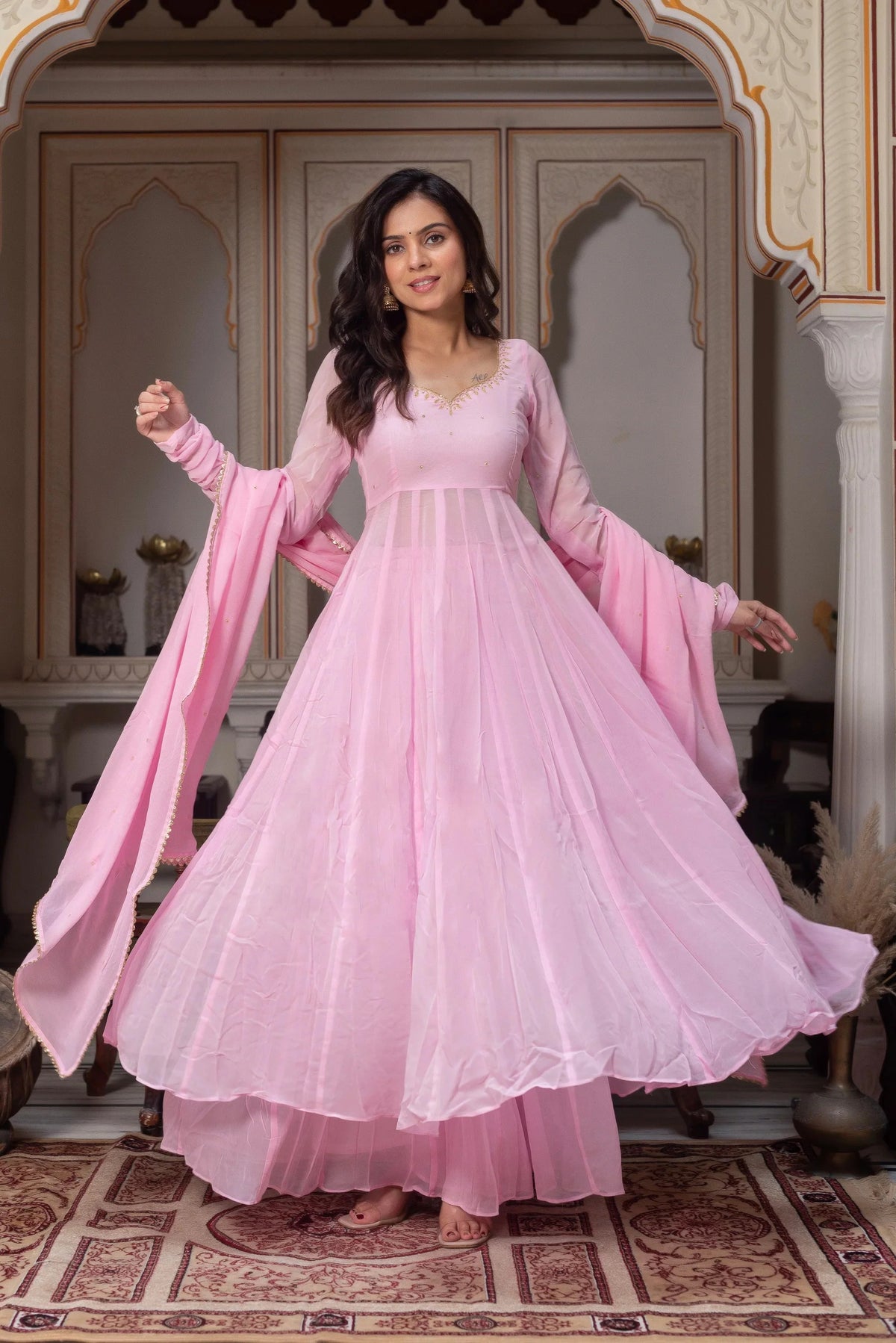 Premium Baby Pink Georgette Anarkali Gown Set with Dupatta | Ethnic Party Wear