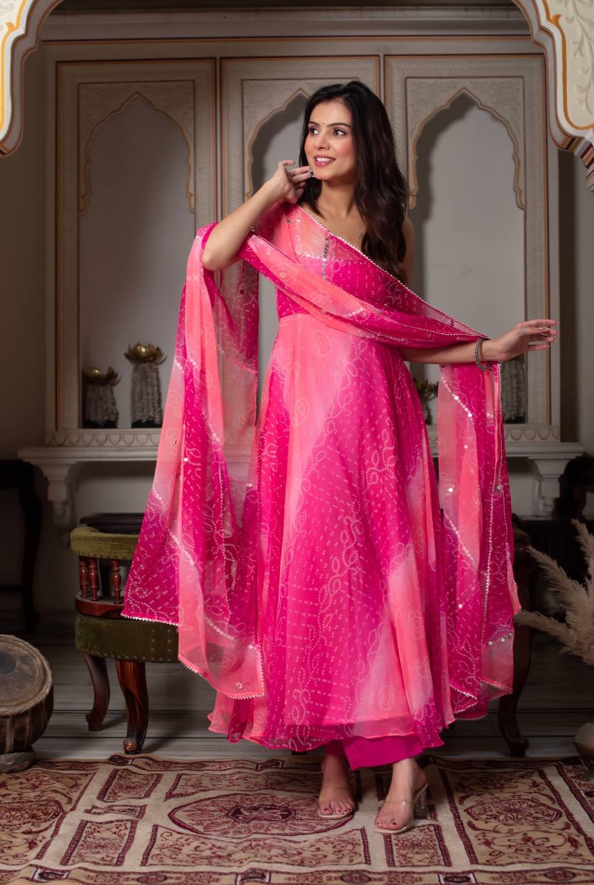 Designer Hot Pink Anarkali Suit Set with Real Mirror Handwork & Dupatta