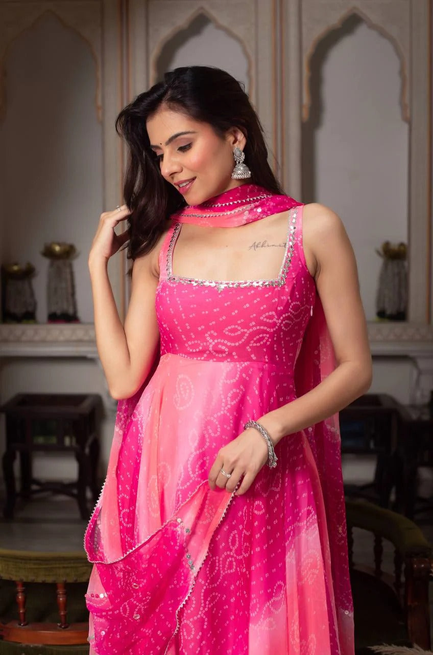 Designer Hot Pink Anarkali Suit Set with Real Mirror Handwork & Dupatta