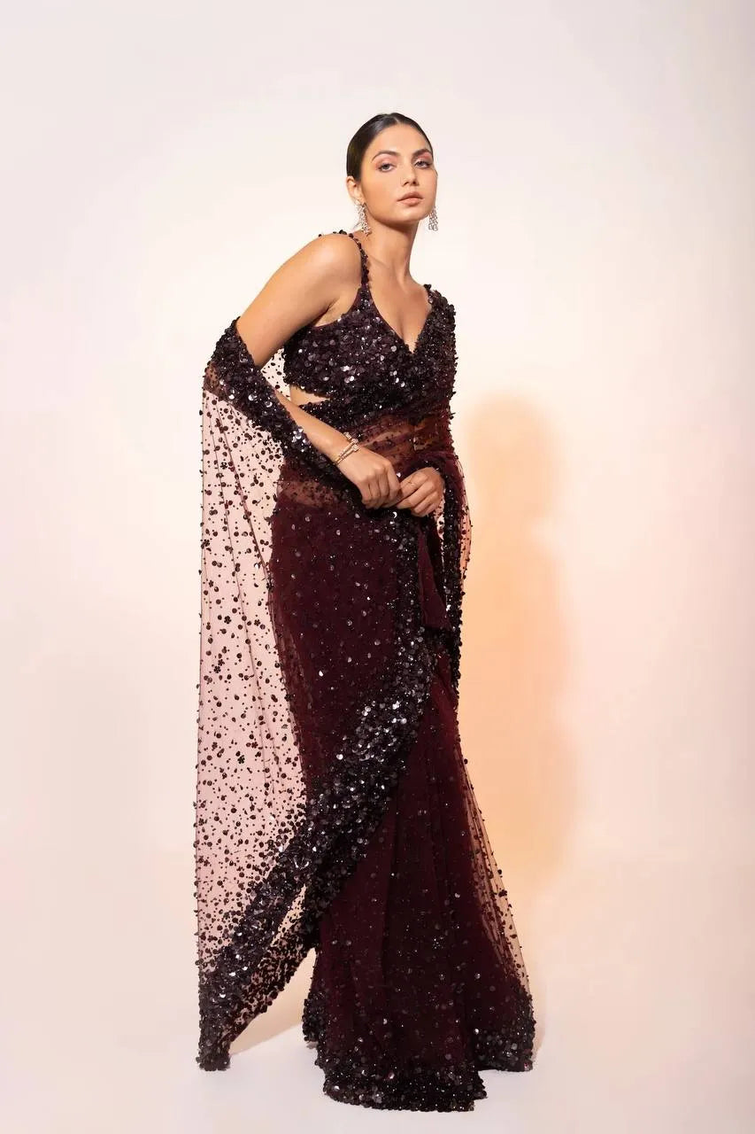 Women’s Dark Maroon Net Saree with Hologram Sequin Work | Party & Wedding Wear