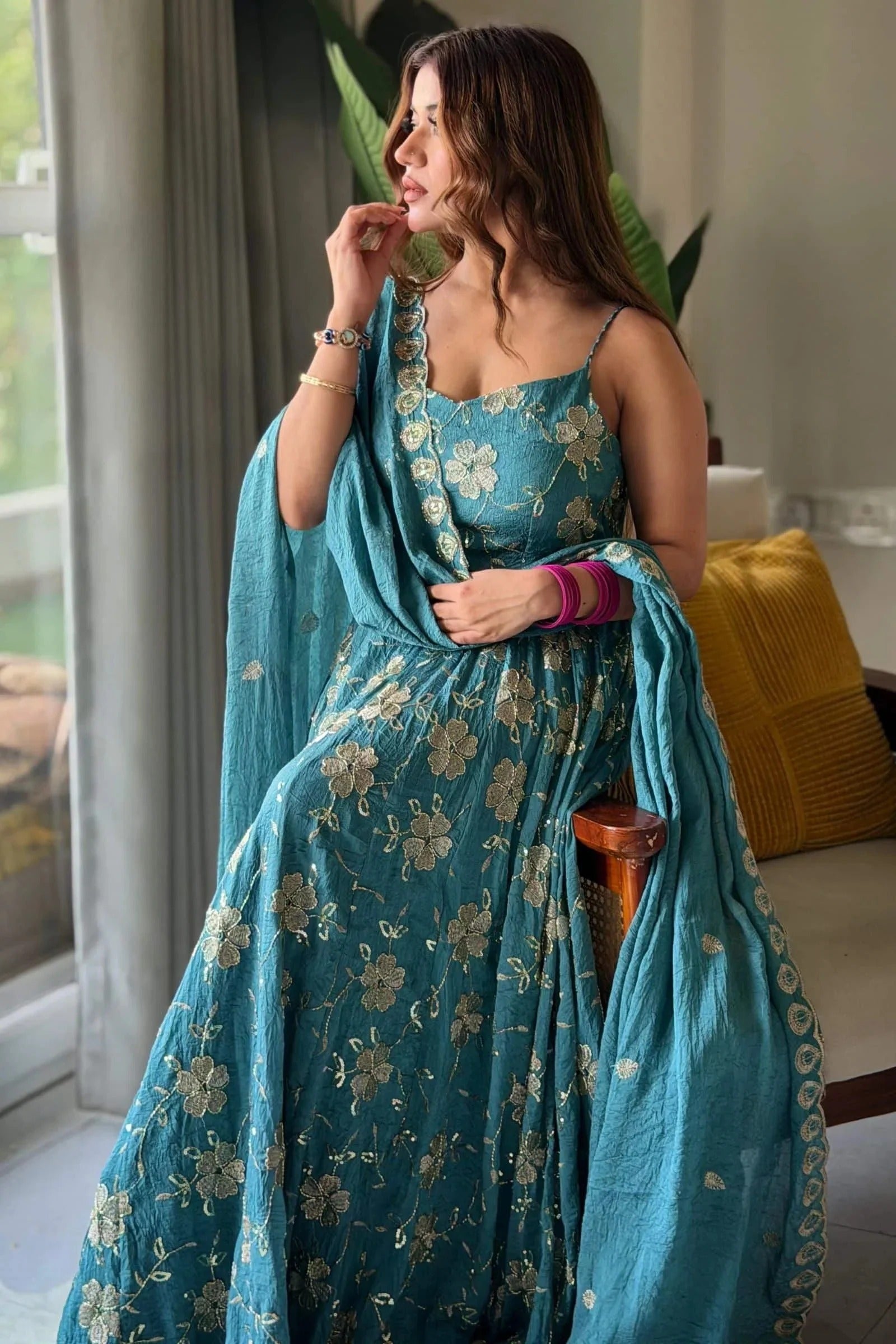 Luxury Teal Blue Heavy Crush Silk Anarkali Suit with Dupatta | Reception & Party Wear