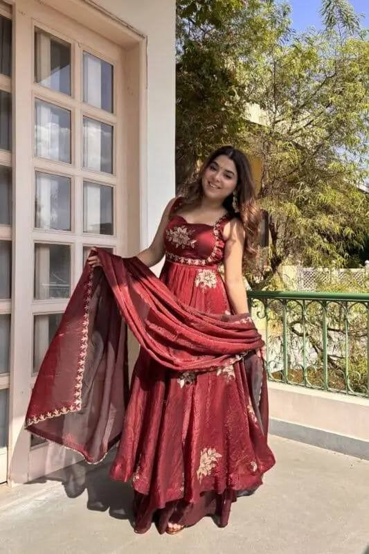 Wine Maroon Fendy Silk Anarkali Sharara Suit Set with Embroidered Dupatta for Women | Wedding & Party Wear