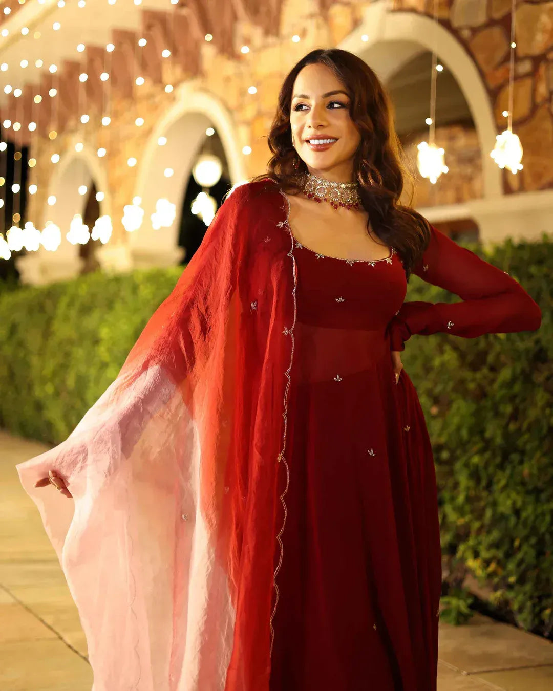 Maroon Blush Premium Georgette Umbrella Flared Anarkali Suit Set with Dupatta for Women | Wedding, Farewell & Party Wear