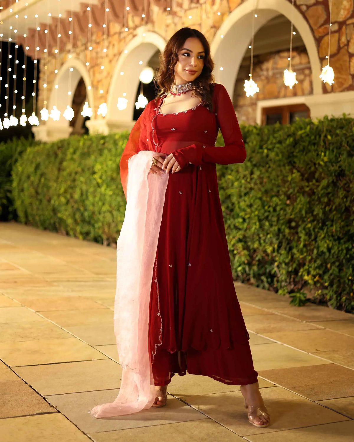 Maroon Blush Premium Georgette Umbrella Flared Anarkali Suit Set with Dupatta for Women | Wedding, Farewell & Party Wear
