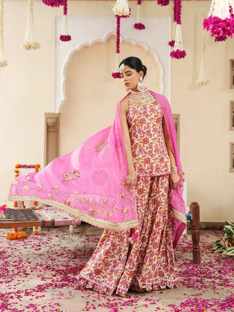Pink Floral Pure Cotton Sharara Suit Set with Organza Dupatta for Women | Designer Mehendi & Festive Wear