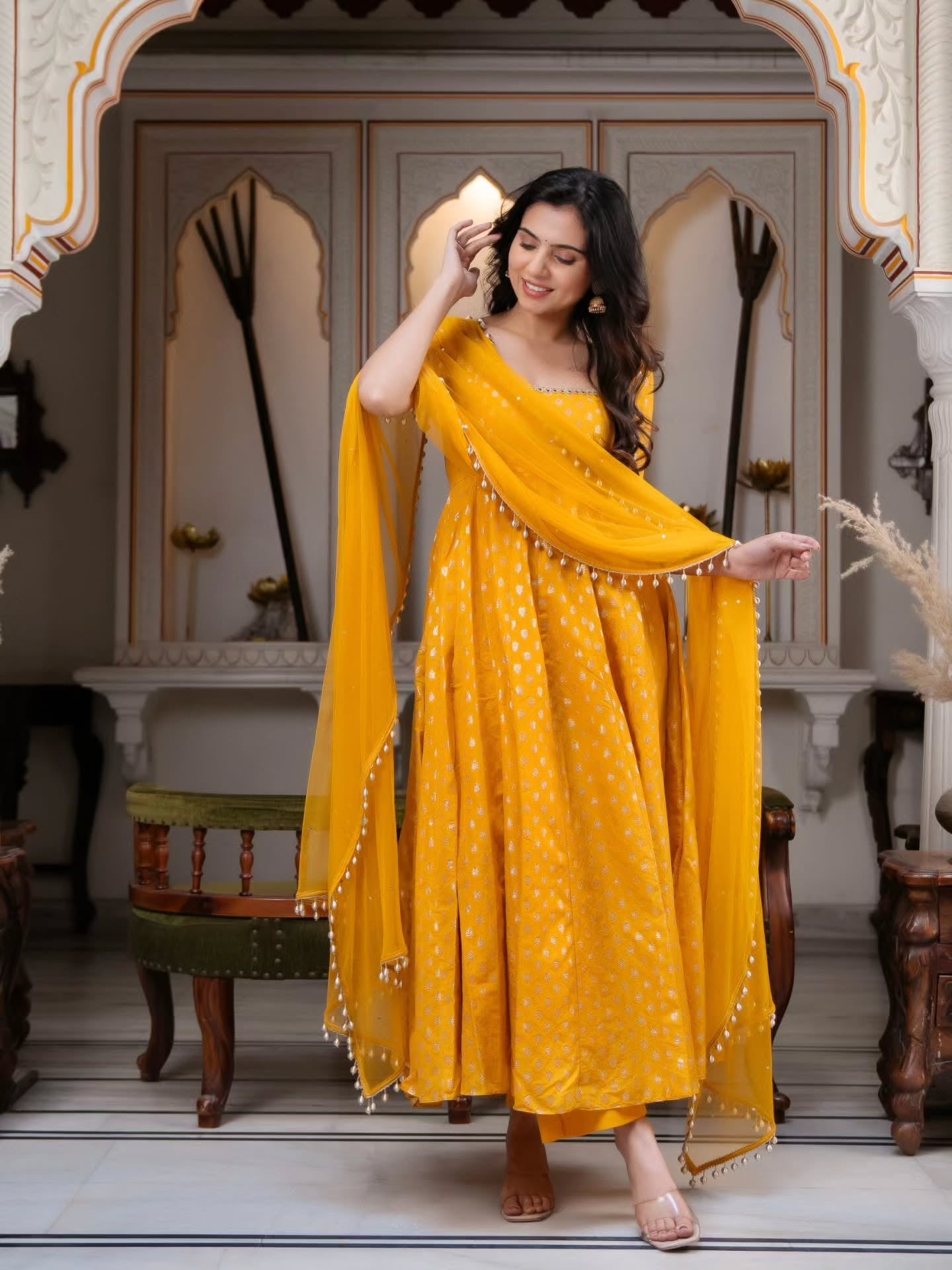 Festive & Wedding Wear Mustard Yellow Banarasi Anarkali Suit Set for Women