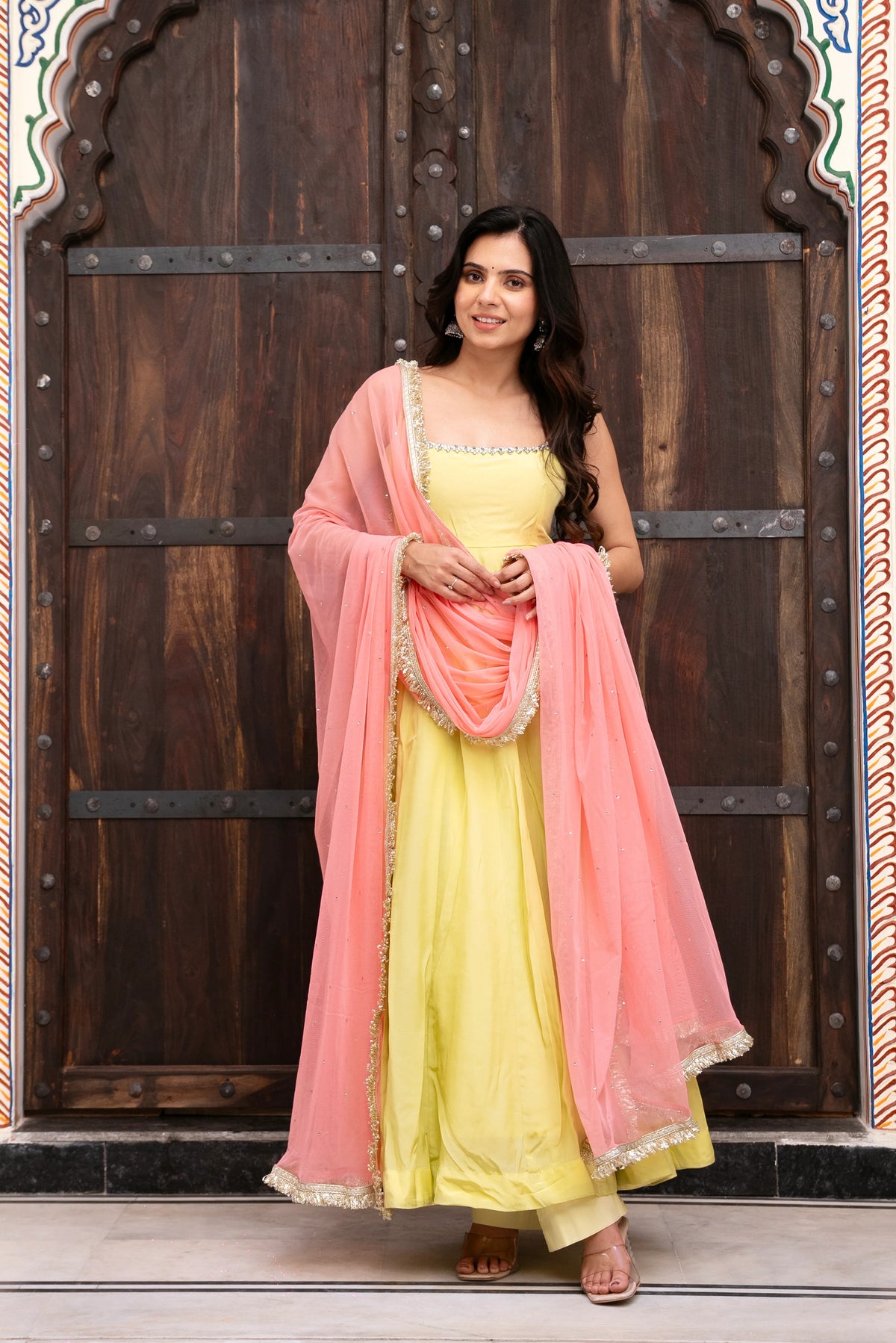 Lemon Yellow Ethnic Anarkali Suit Set with Designer Net Dupatta for Women | Festive Collection