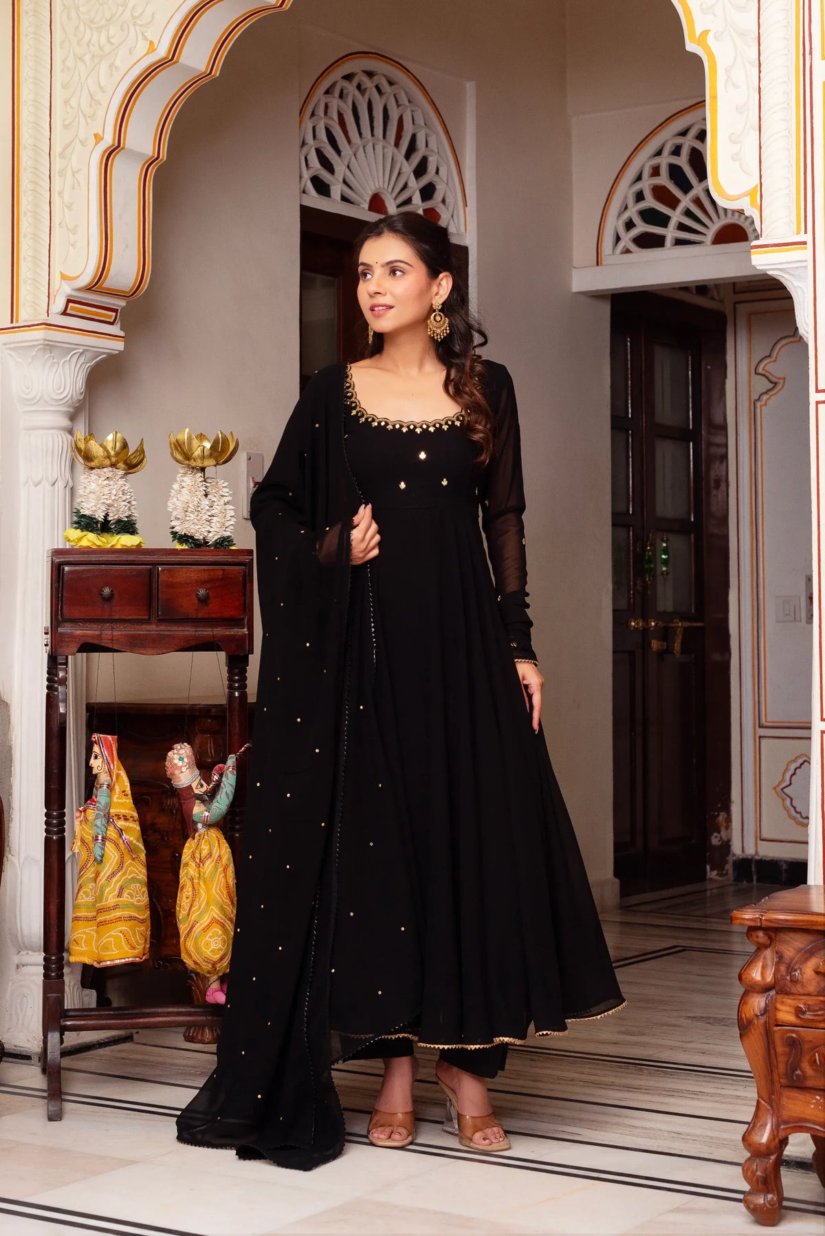 Designer Party & Wedding Wear Black Anarkali Suit Set For woman with Dupatta | Premium Georgette Flared Kurta & Cotton Bottom