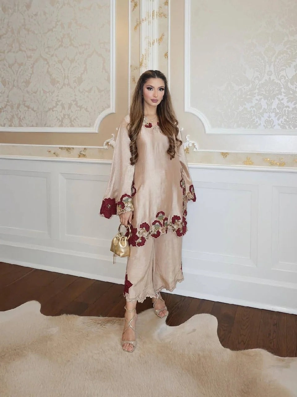Designer Beige Roman Glass Suit with Digital Printed Dupatta