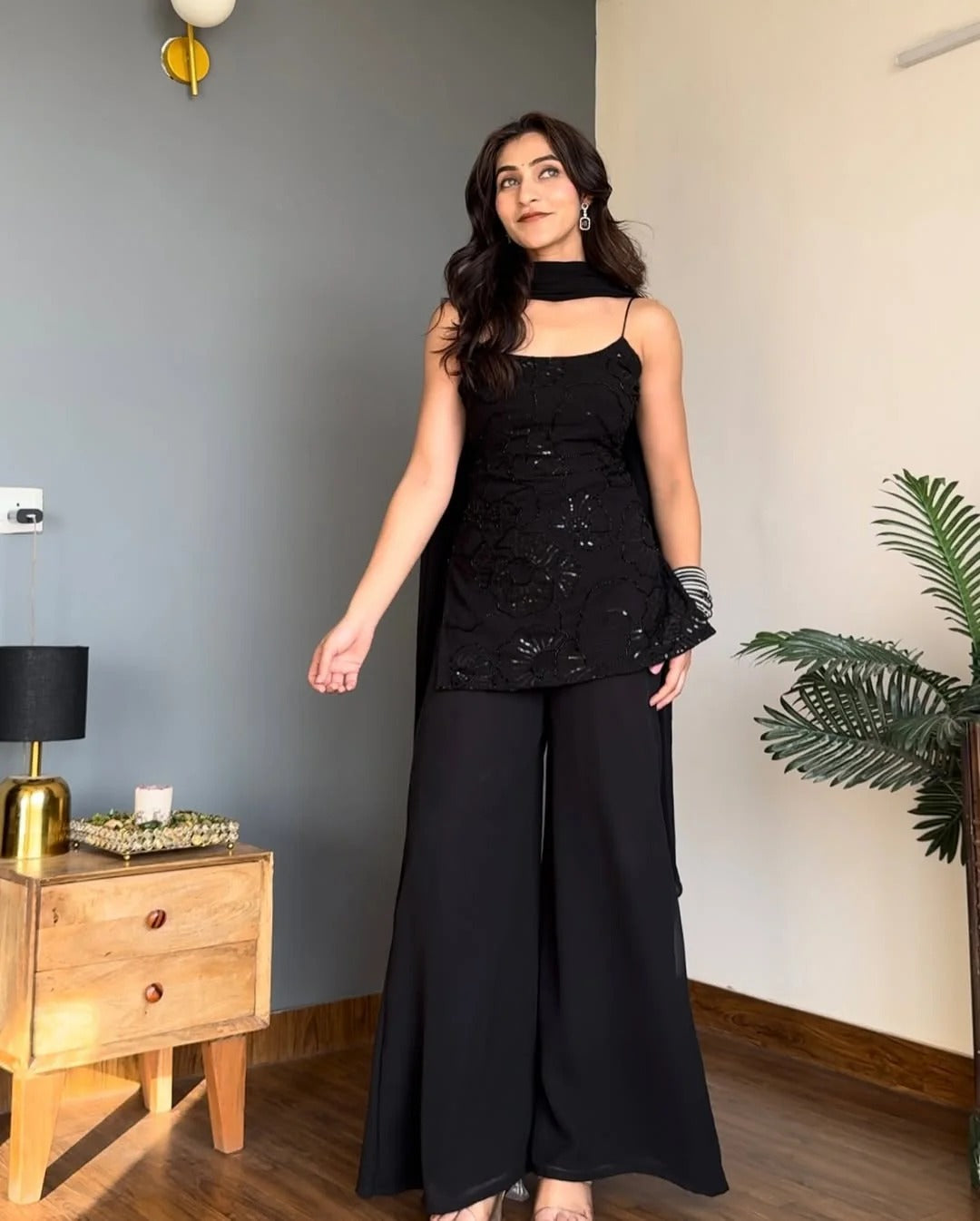 Premium Black 90s Style Iconic Cosmos Party Wear Palazzo Suit for Women
