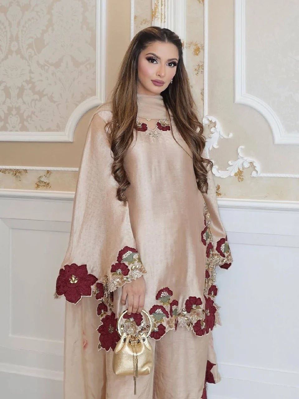 Designer Beige Roman Glass Suit with Digital Printed Dupatta
