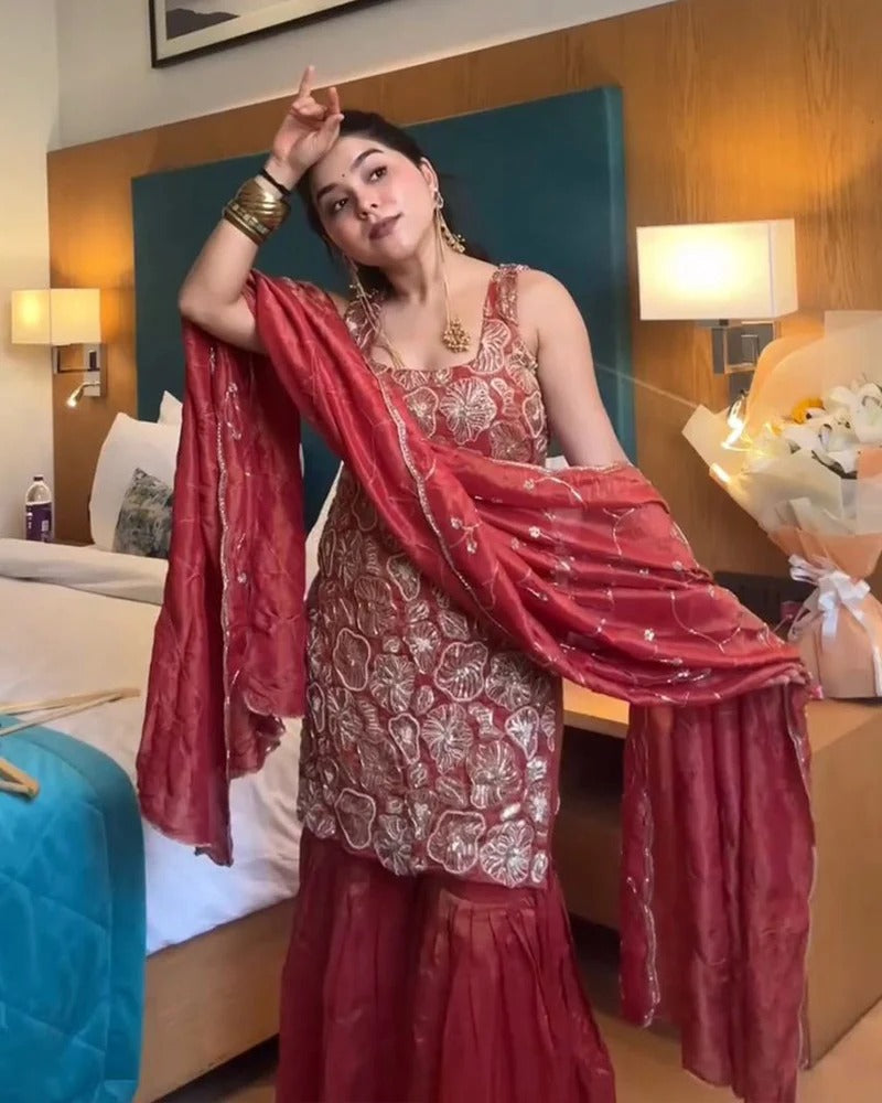 Wine Red Shimmer Silk Sharara Suit Set with Thread Embroidery & Sequins Dupatta for Women | Wedding & Party Wear