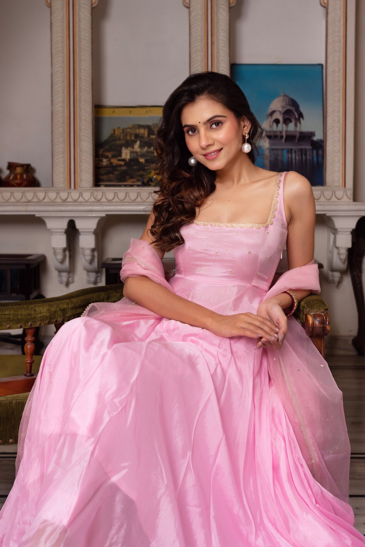 Baby Pink Chinnon Anarkali Suit with Organza Dupatta & Sequins Work