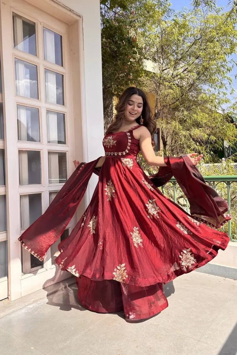 Wine Maroon Fendy Silk Anarkali Sharara Suit Set with Embroidered Dupatta for Women | Wedding & Party Wear