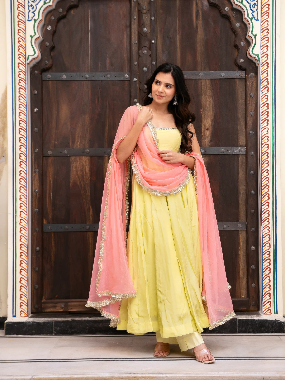 Lemon Yellow Ethnic Anarkali Suit Set with Designer Net Dupatta for Women | Festive Collection