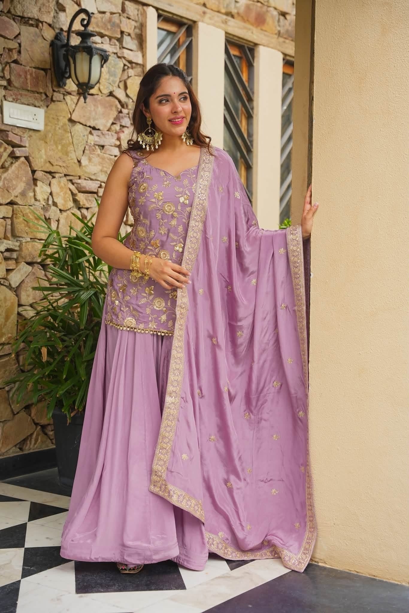 Premium Lavender Silk Sharara Suit with Heavy Embroidery & Designer Dupatta | Fully Stitched