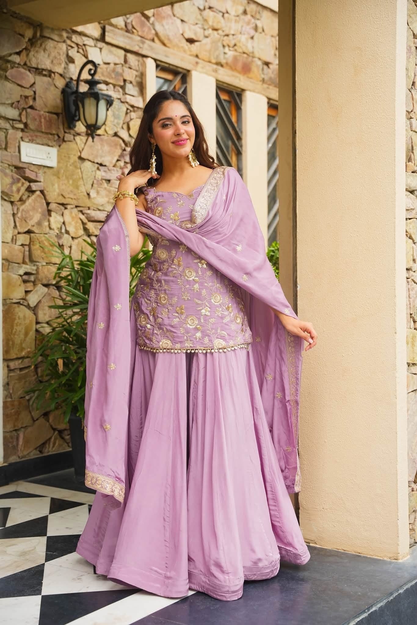 Premium Lavender Silk Sharara Suit with Heavy Embroidery & Designer Dupatta | Fully Stitched