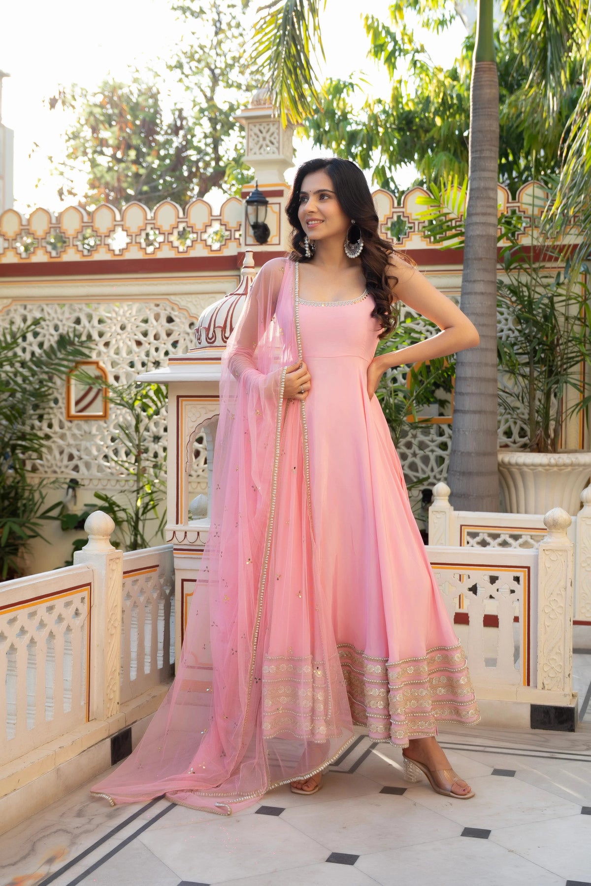 Wedding Wear Baby Pink Premium Natural Crepe Flared Anarkali Suit Set with Zari, Mirror & Sequins Work Dupatta for Women