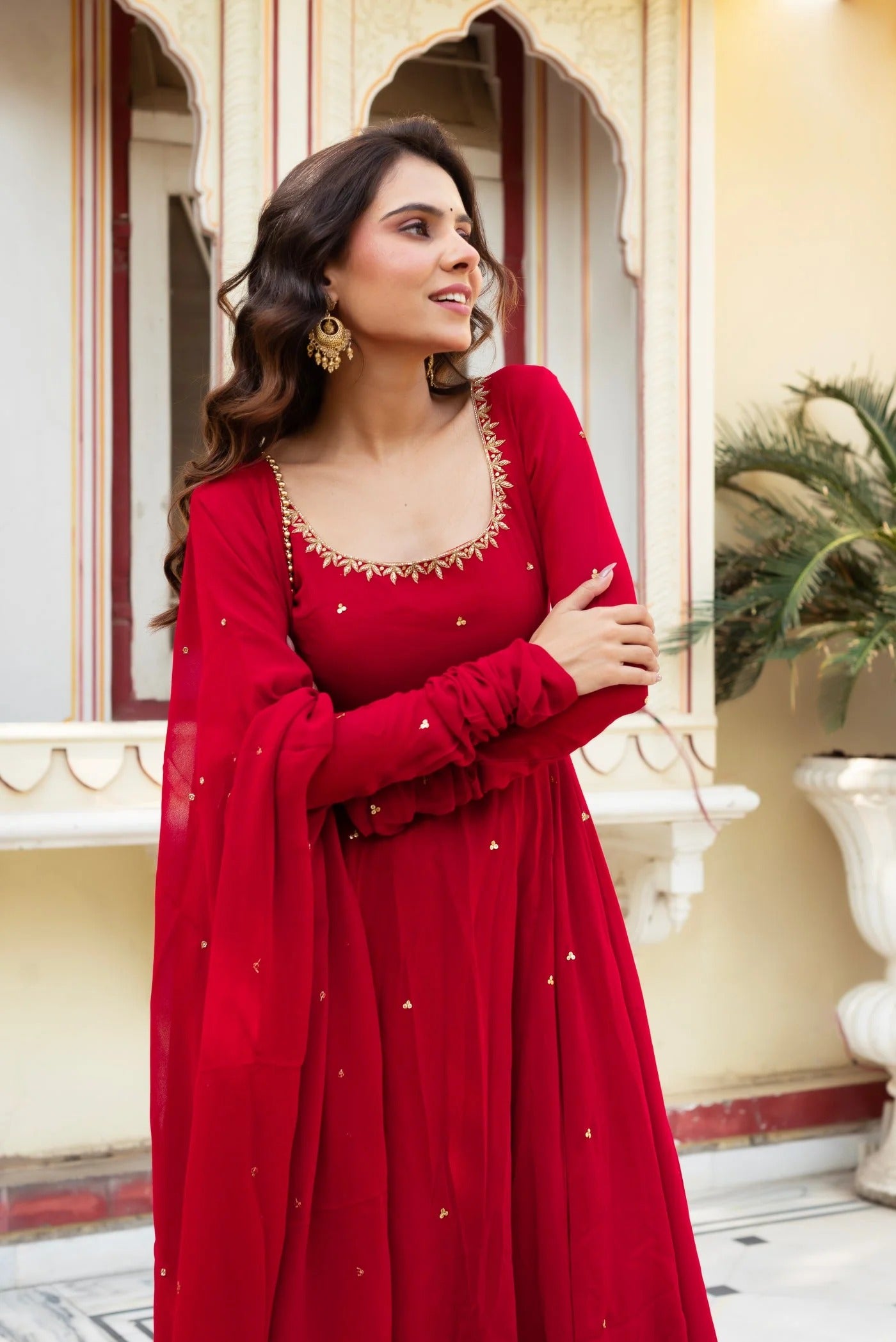 Ruby Red Premium Georgette Flared Anarkali Suit Set with Golden Motif Dupatta for Women | Wedding, Party & Festive Wear