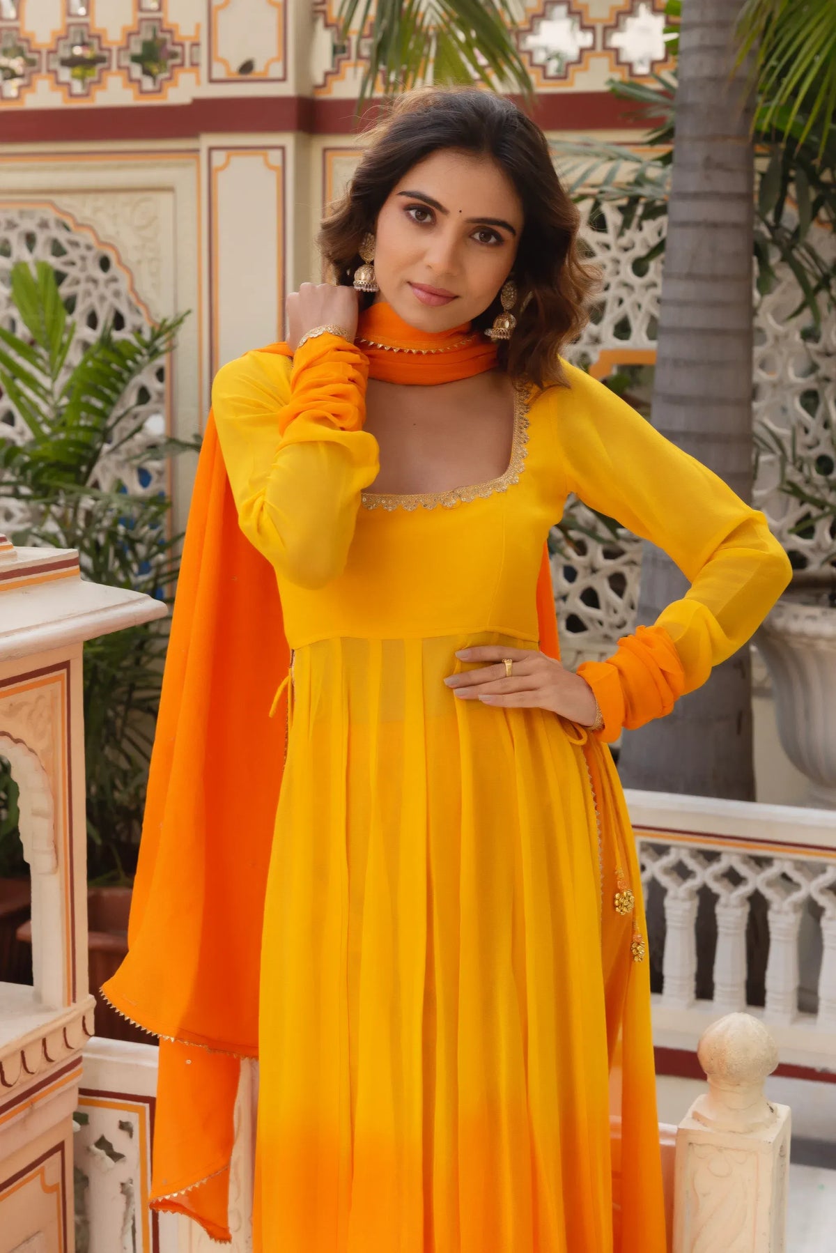 Mustard Yellow Premium Georgette Pleated Flared Anarkali Suit Set with Dupatta for Women | Wedding & Party Wear Ethnic Dress