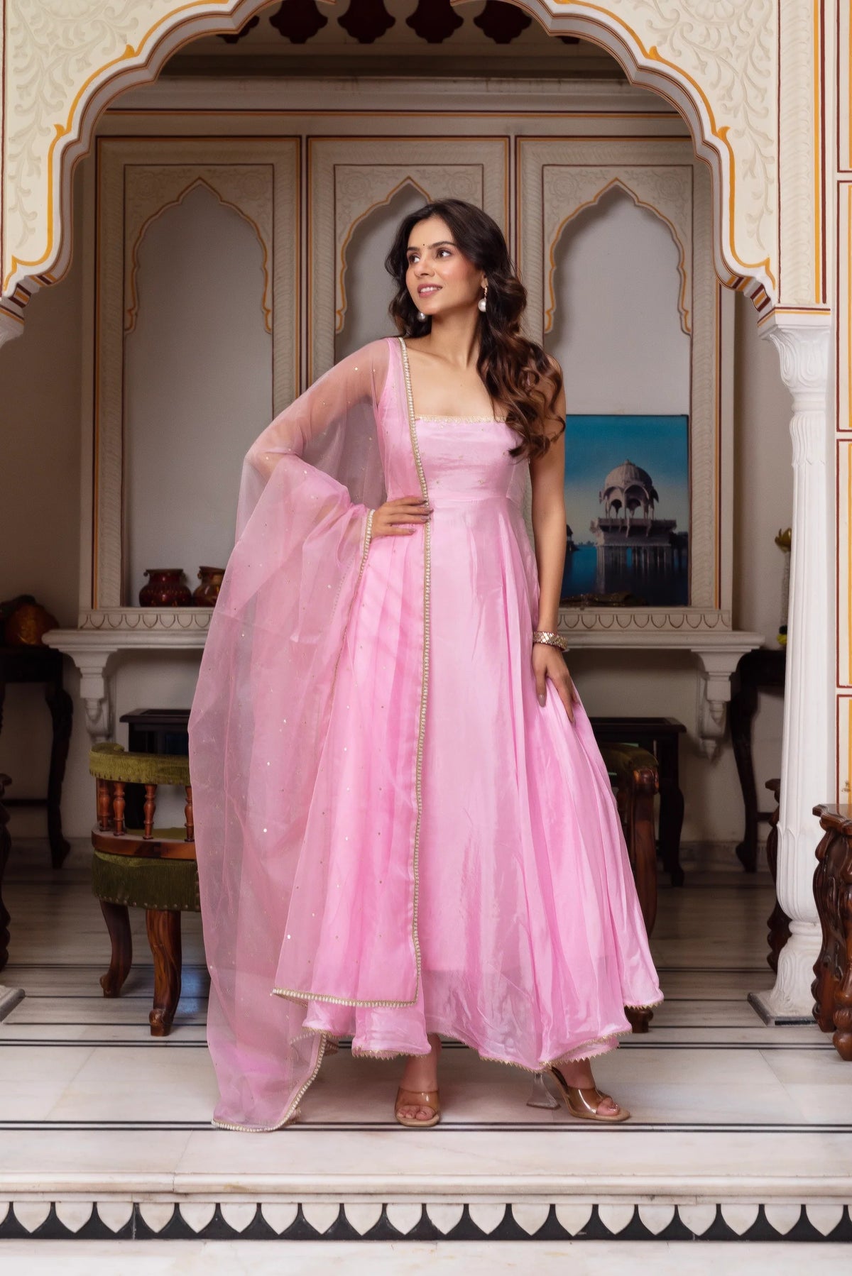 Baby Pink Chinnon Anarkali Suit with Organza Dupatta & Sequins Work