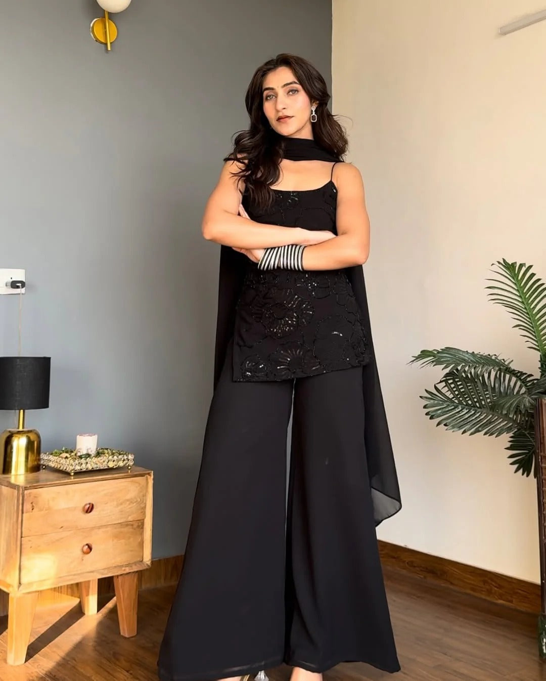 Premium Black 90s Style Iconic Cosmos Party Wear Palazzo Suit for Women