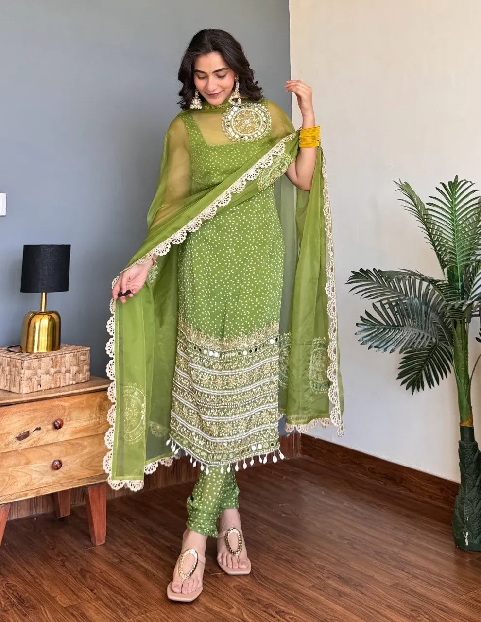 Olive Green Georgette Kurta Pant Set for Women with Organza Dupatta | Sequin & Moti Embroidery