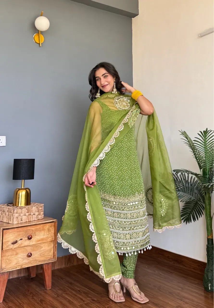 Olive Green Georgette Kurta Pant Set for Women with Organza Dupatta | Sequin & Moti Embroidery
