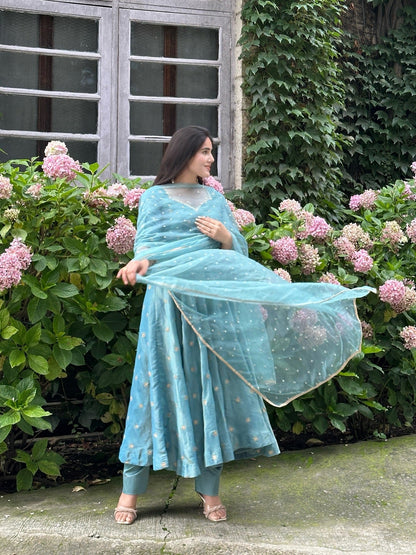 Parthi Sky Blue Anarkali Suit with Net Dupatta